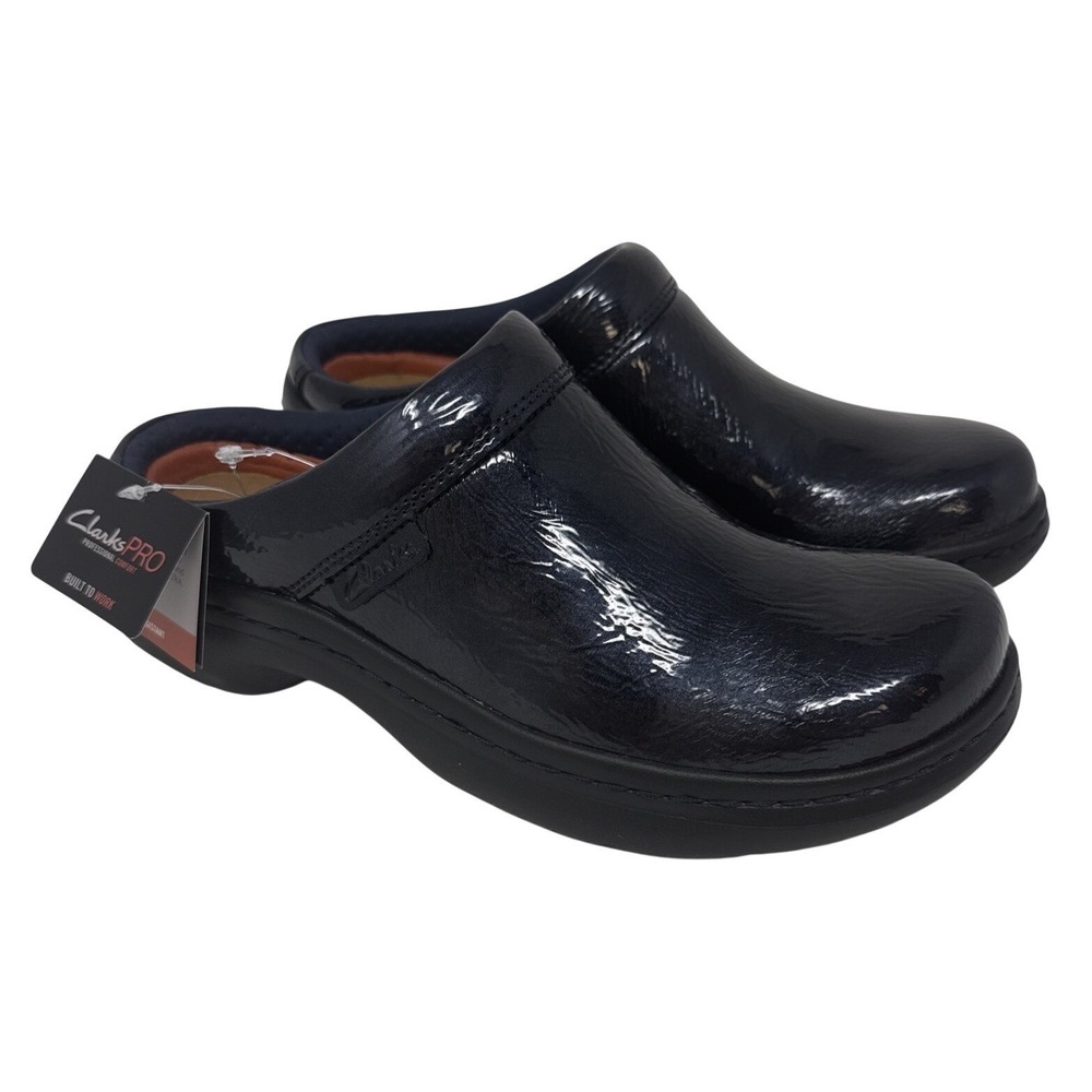 Clarks Pro Womens 6.5 M Navy Blue Patent Leather Slip Resistant Work Clogs NEW